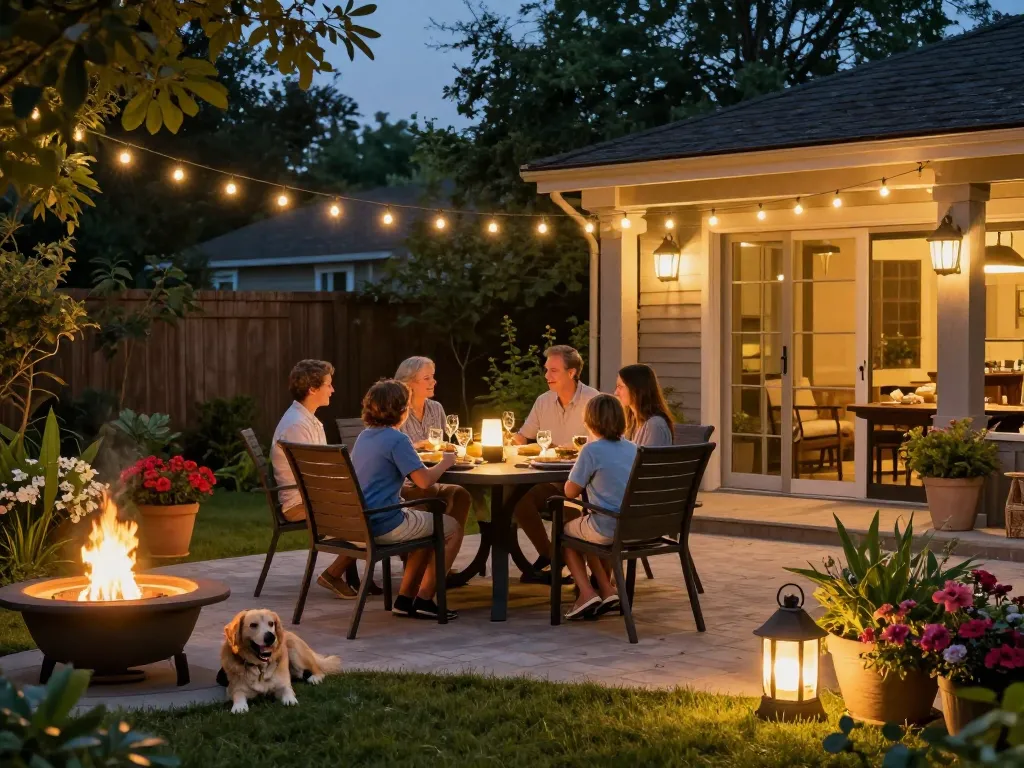 Dusk to dawn outdoor lights illuminating a cozy backyard family gathering during twilight.
