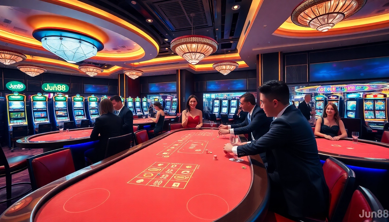 Engage in a thrilling poker game at Jun88, showcasing excitement and professionalism on the casino floor.