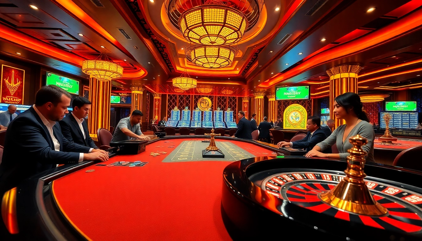 Engaged players at nhà cái thabet casino table strategizing their bets with vibrant poker chips.