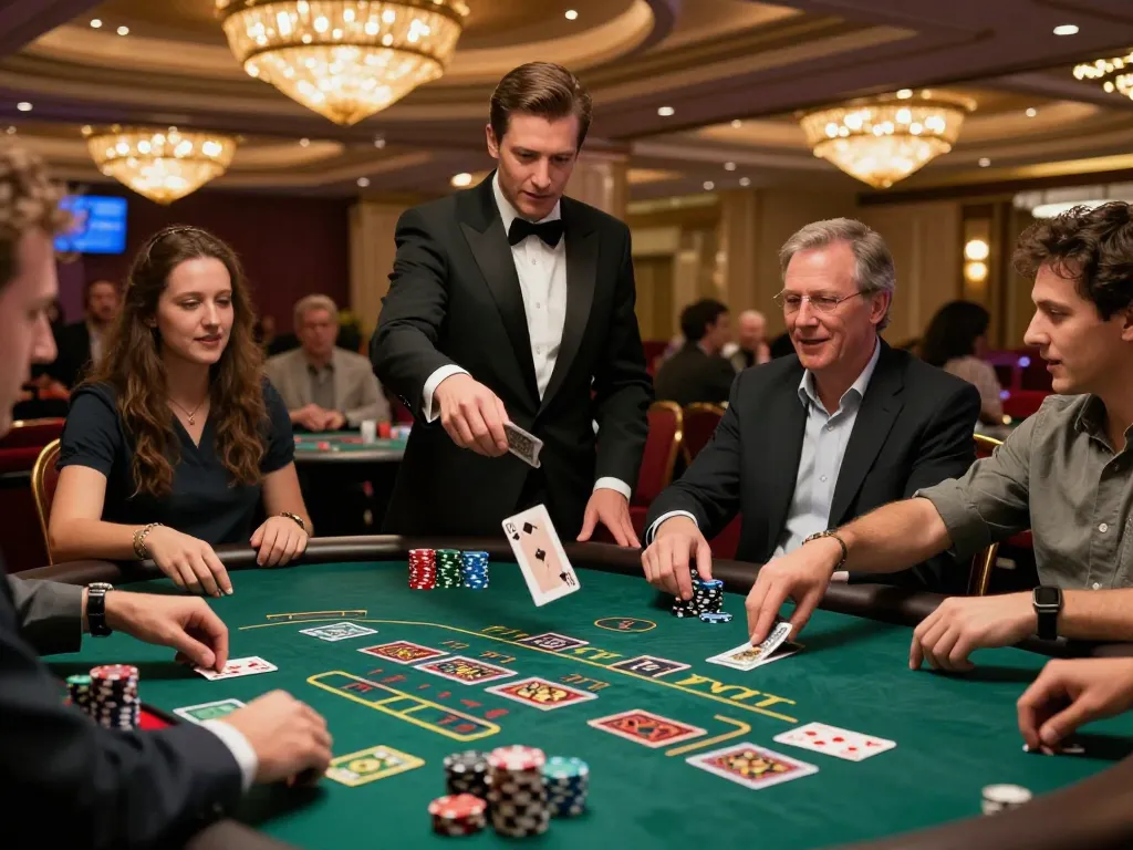 Experience the excitement at 98win trang chủ with players strategizing in a vibrant blackjack game.
