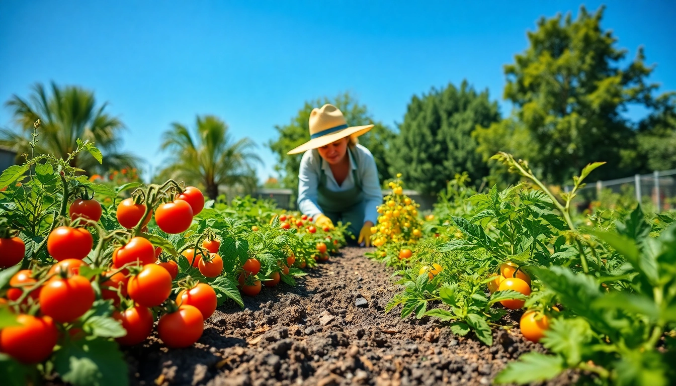 Gardening in a vibrant vegetable garden with a gardener tending to plants.