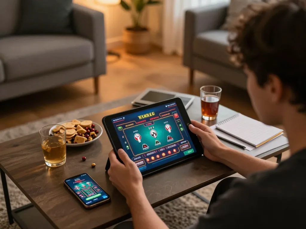 Engaging with tg88 casino games on a tablet in a cozy home setting, highlighting online gaming experience.
