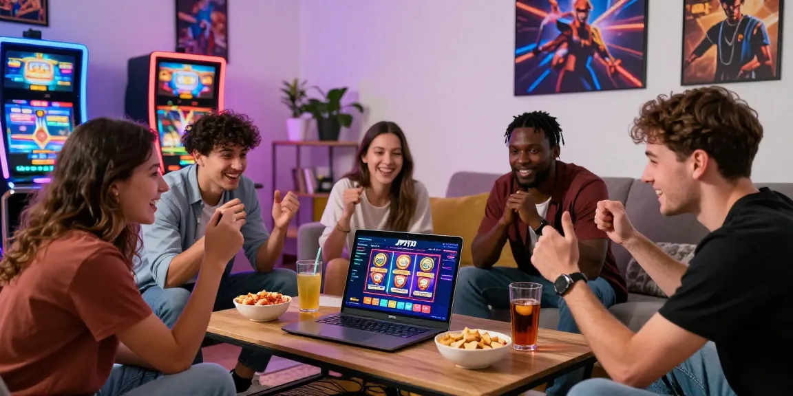 Friends enjoying JPTOTO gaming environment with excitement and snacks.