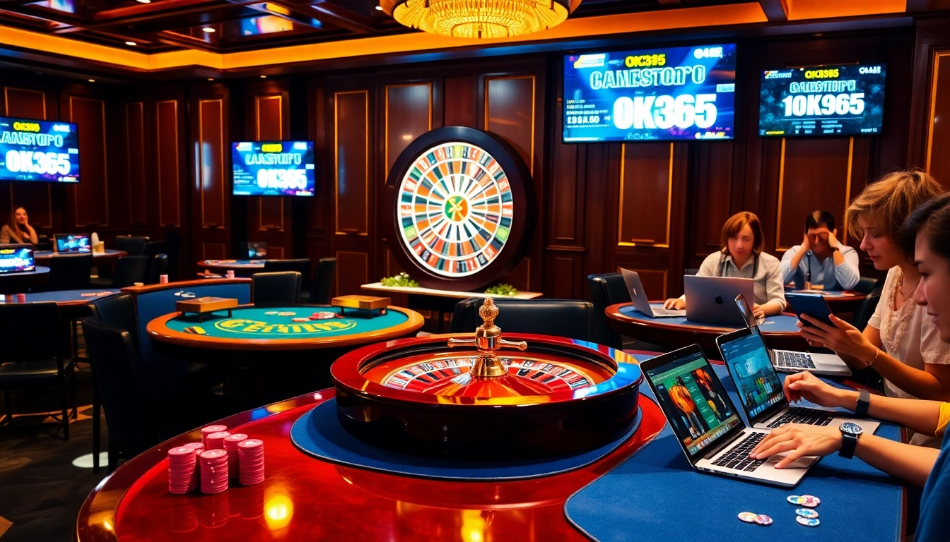 Players enjoying games at OK365 casino, featuring vibrant tables and a roulette wheel.