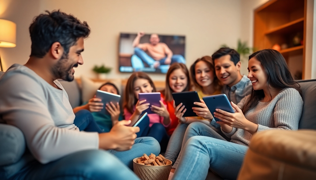 Family enjoying the Mom IPTV service on their devices in a cozy living room setting.