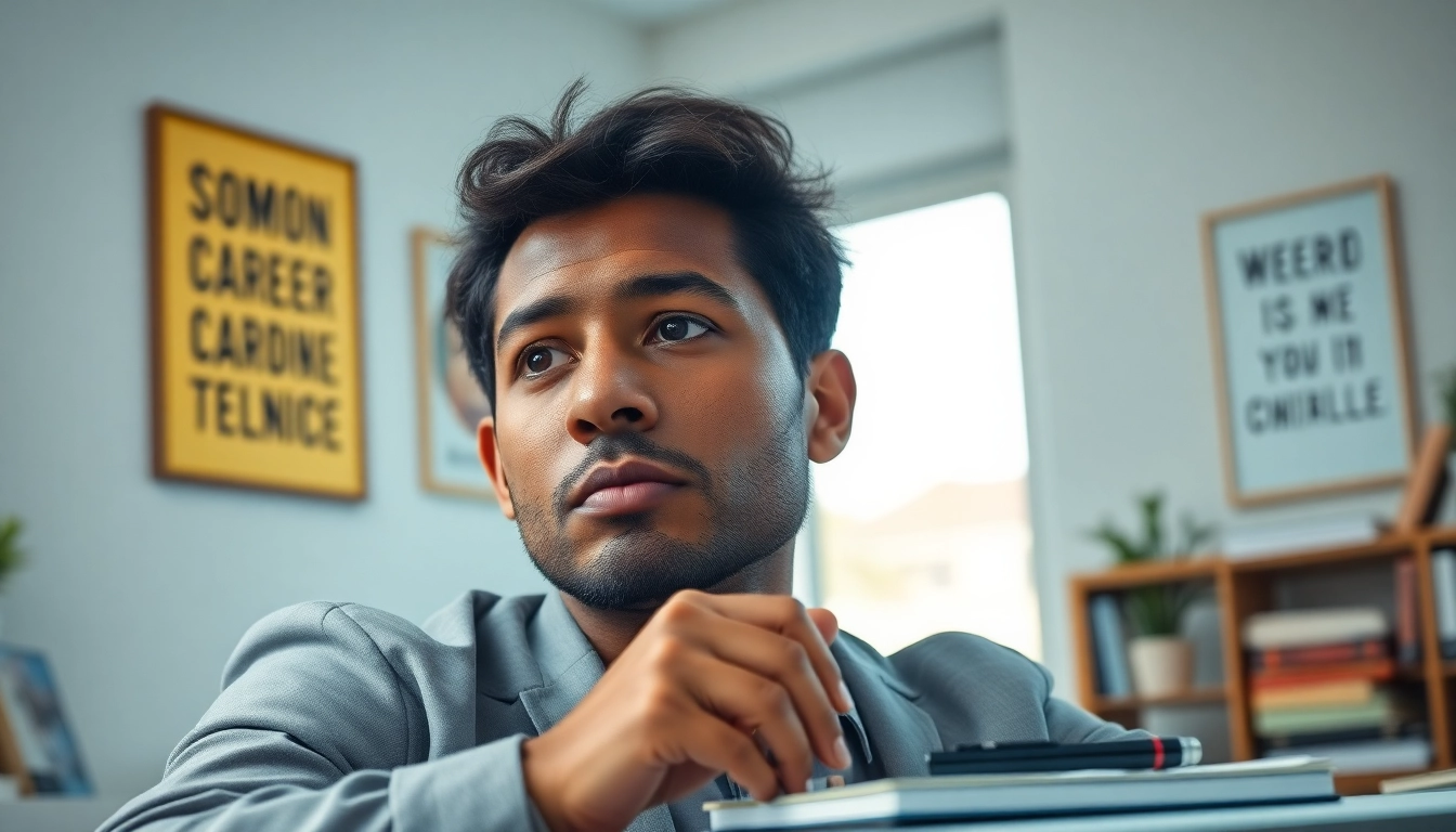 Find my true calling while reflecting in a serene office environment with motivational elements.