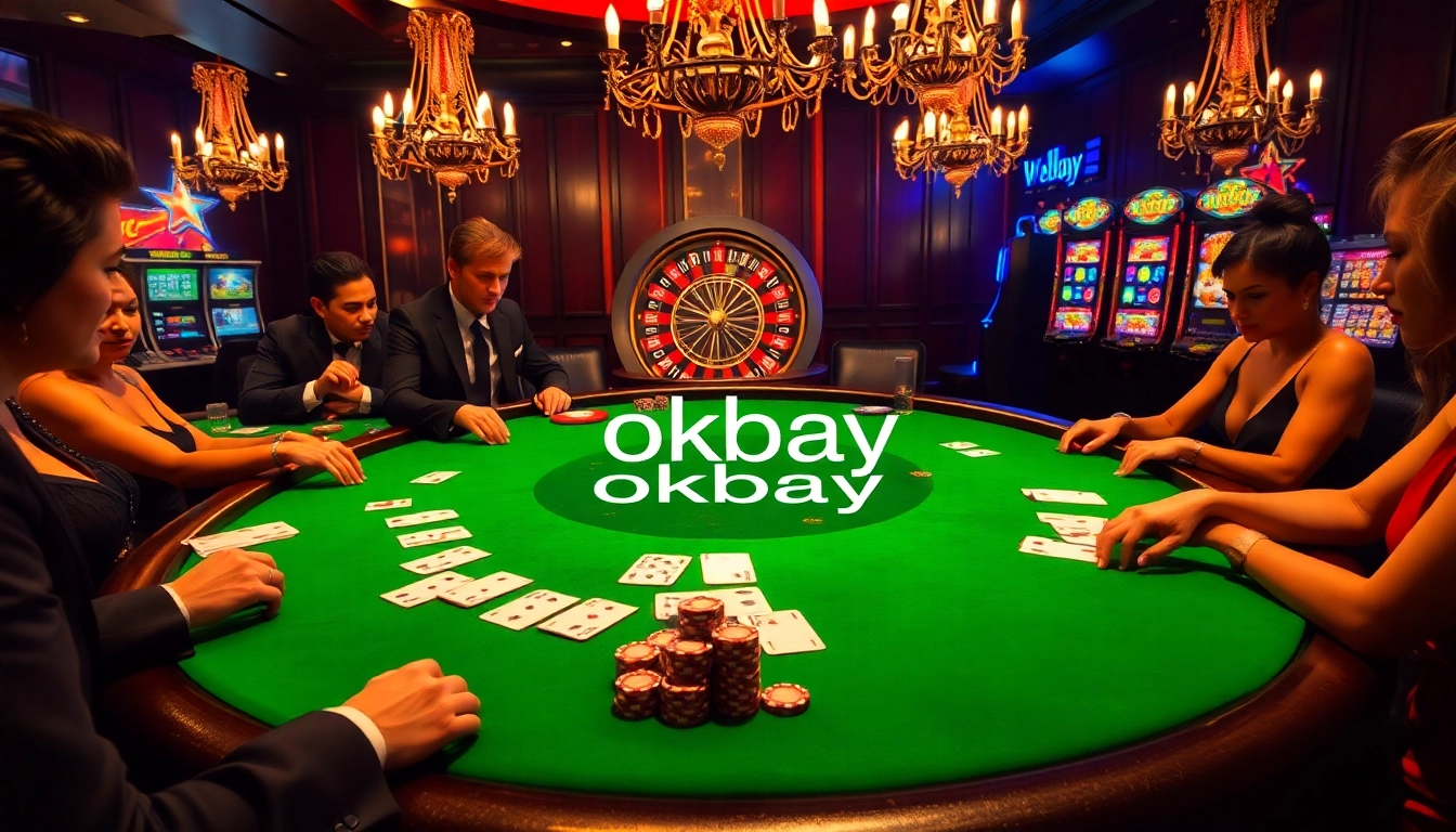 Players at a poker table engaged in a thrilling game, featuring okbay betting slips and casino elements.