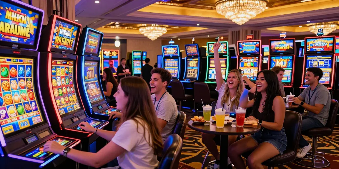 Friends enjoying diverse slot machines in a vibrant casino atmosphere.