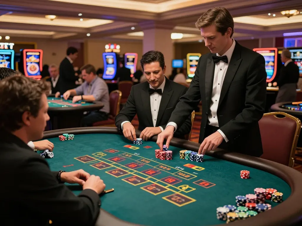 KQBD scene depicting players engaged in strategic gameplay at a vibrant casino table, showcasing the excitement of gambling.