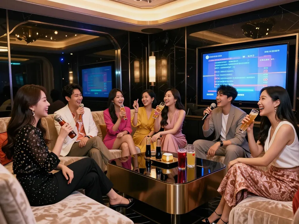Experience upscale karaoke at gangnamtune.com with friends enjoying luxury drinks and entertainment.