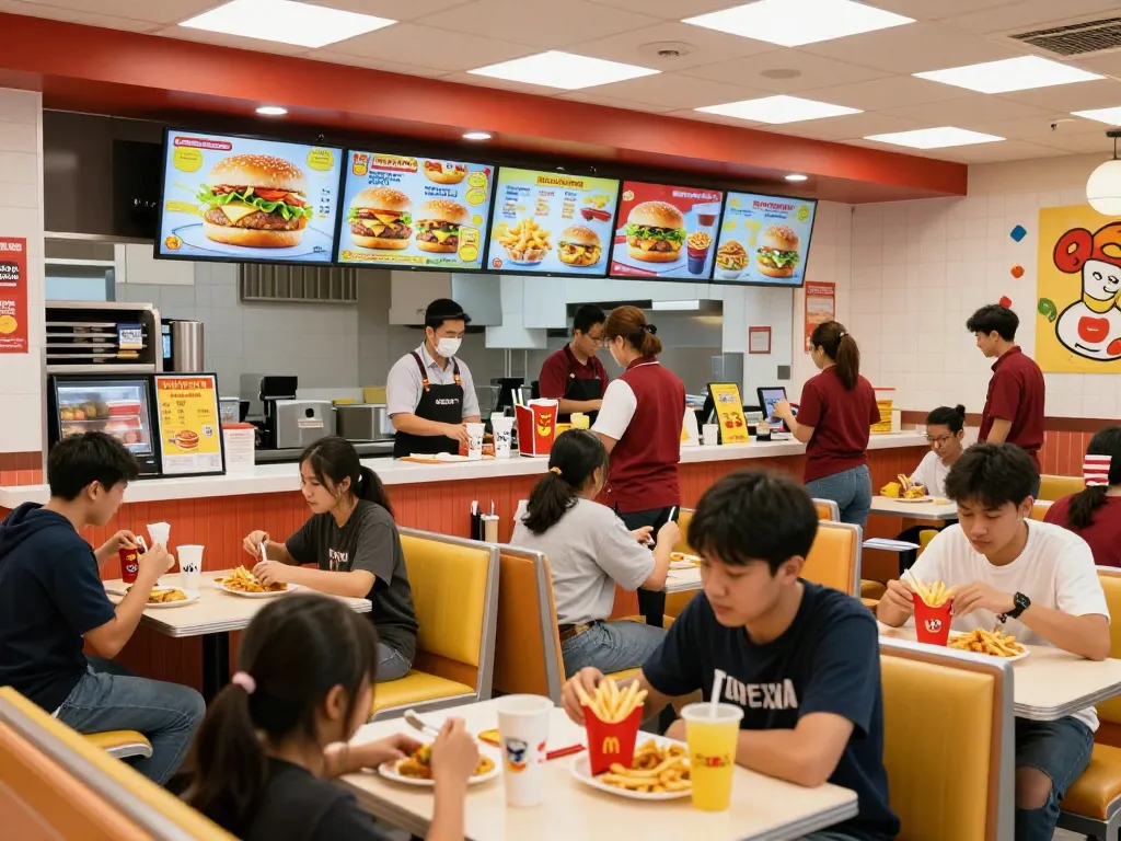 Fast food prices displayed on menu boards at a busy restaurant, showcasing lively dining atmosphere.