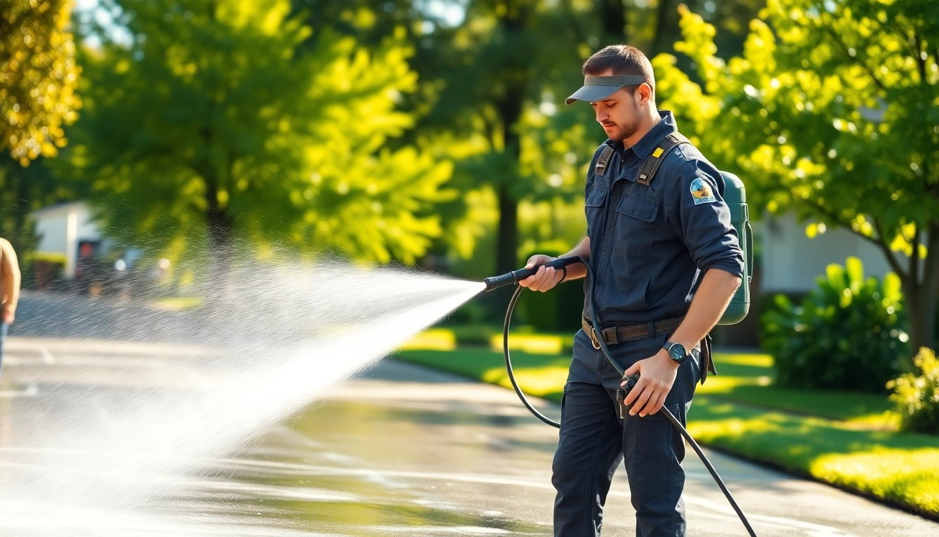 Pressure washing Seattle near me service with technician cleaning a driveway.