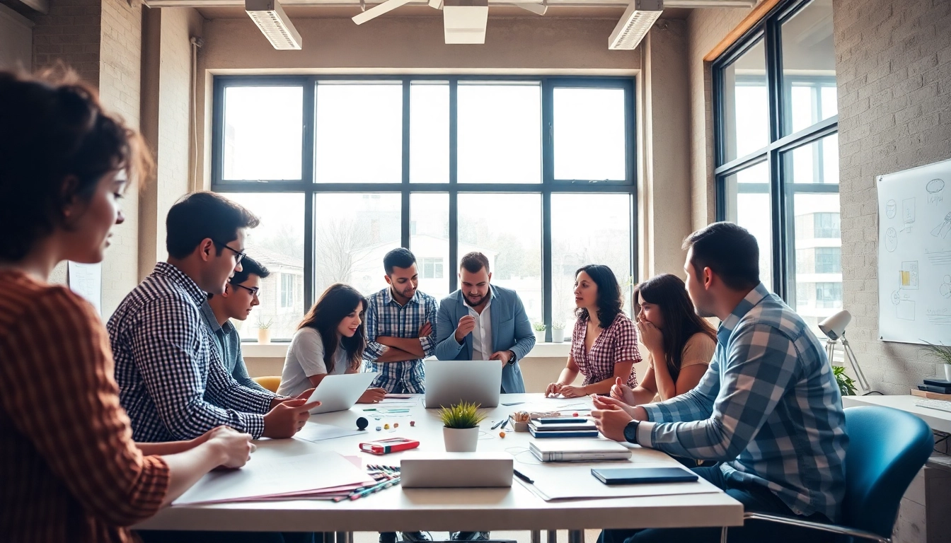 Team collaborating in a creative agency, showcasing innovation and teamwork in a modern workspace.