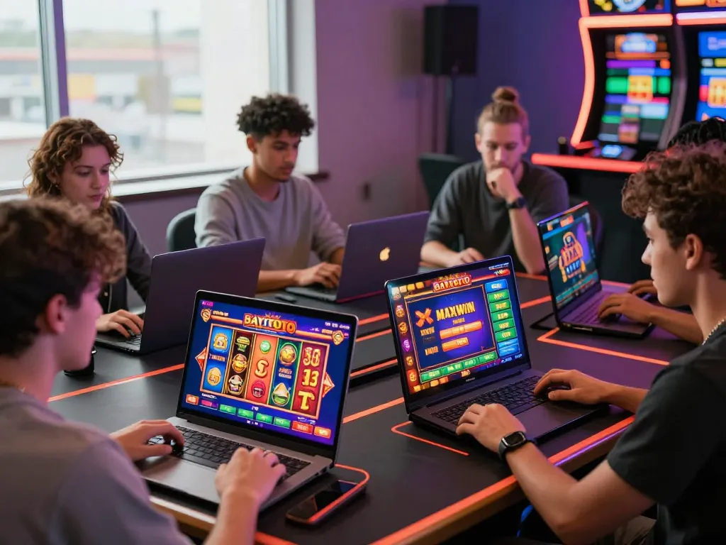 Players enjoying BAYITOTO's online gambling games on various devices in a vibrant virtual casino atmosphere.