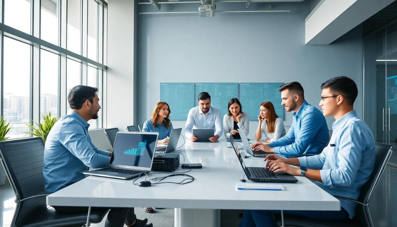 Managed IT services near me showcased by a professional team collaborating in a bright office.