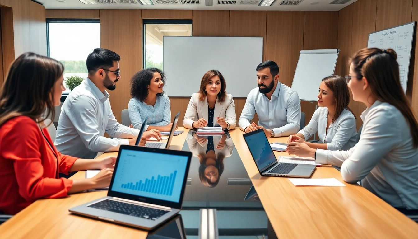 Analyzing competitor pricing strategies with a diverse business team in a modern office.