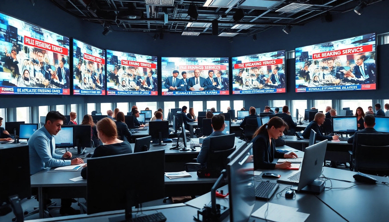 Journalists reporting breaking news in a dynamic newsroom setting