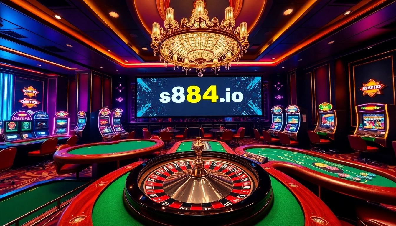 Experience the thrill of online gaming with s88a.io’s elegant casino scene filled with roulette and poker.