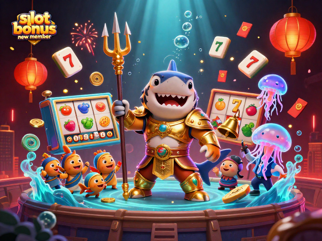Engage with slot bonus new member featuring a 3D tiger shark in armor among casino elements and a vibrant underwater scene.