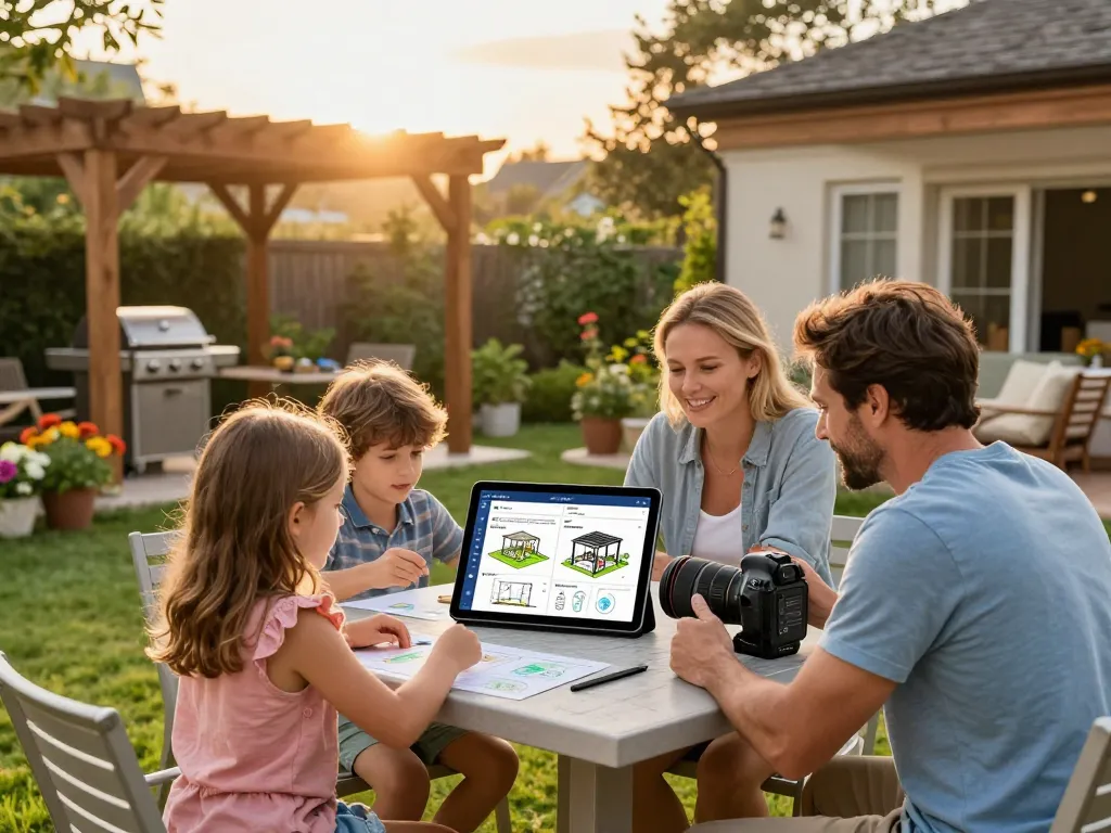 Family using an online pergola configurator to design a custom outdoor space.