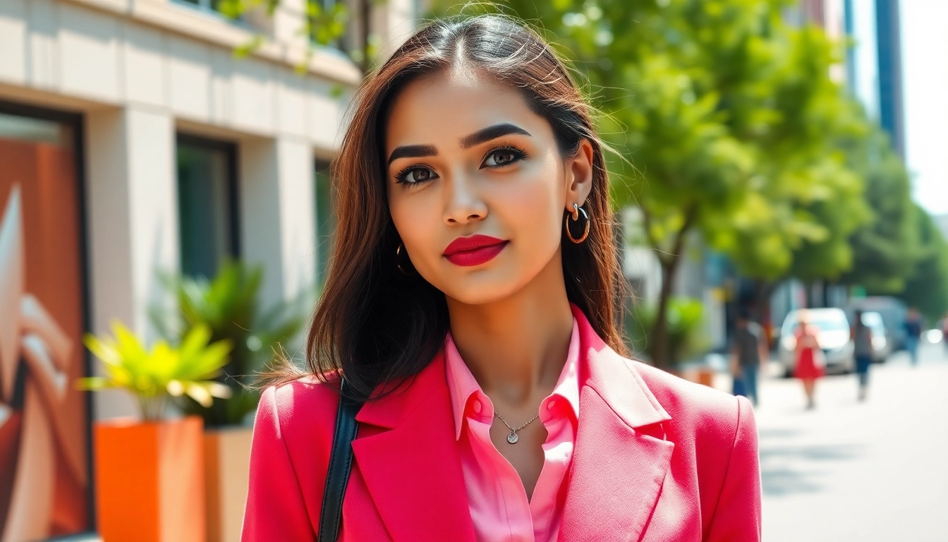 Model showcasing stylish women clothing in a sophisticated urban environment.