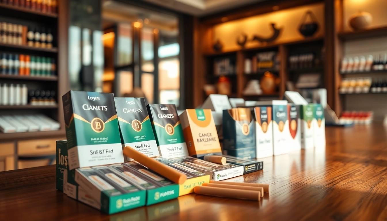 Showcasing cigarettes available at https://bureenok.com in an elegant retail setting with vibrant packaging.