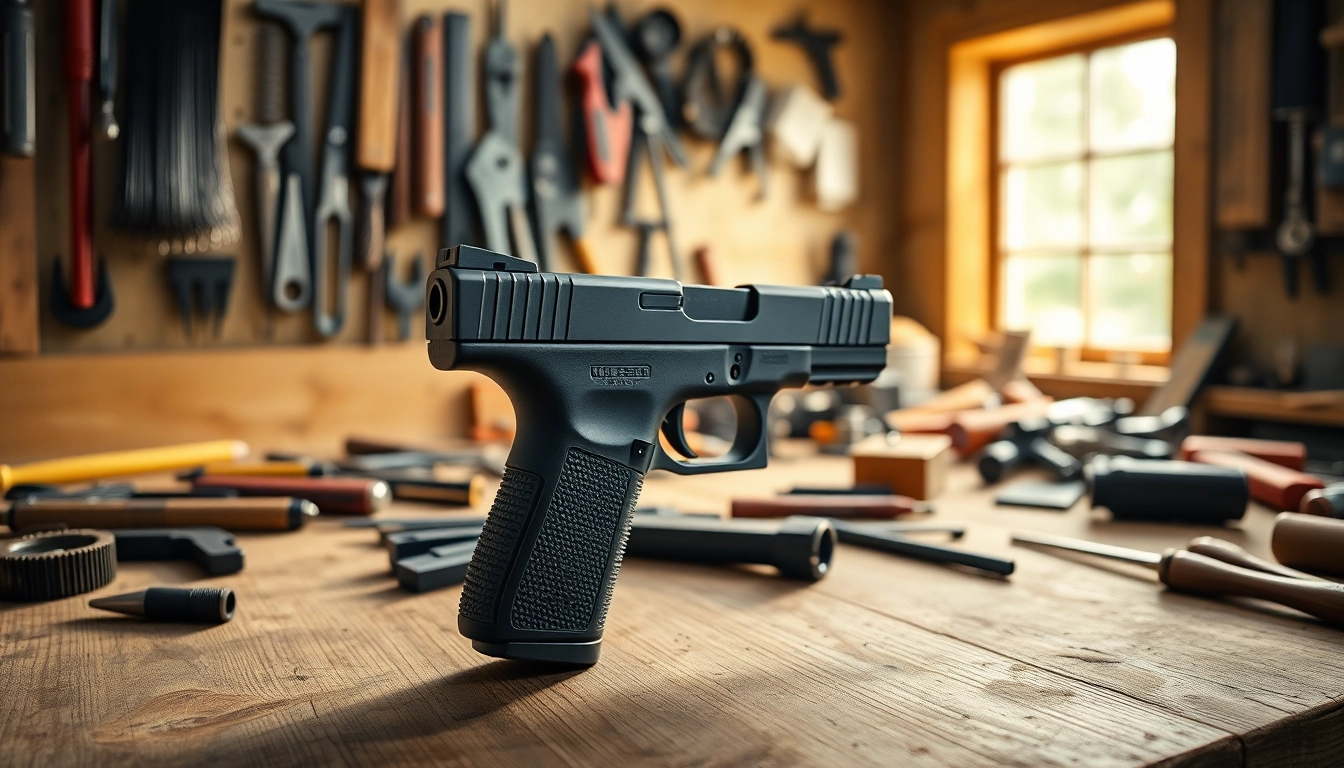 Assembling a polymer 80 glock 19 in a detailed workshop setting.