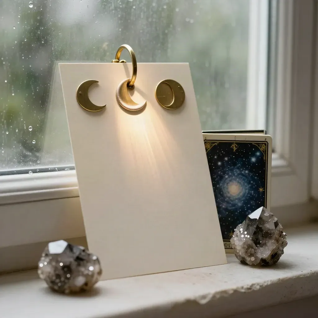 Brass astrology card props by a rain-streaked window at dawn