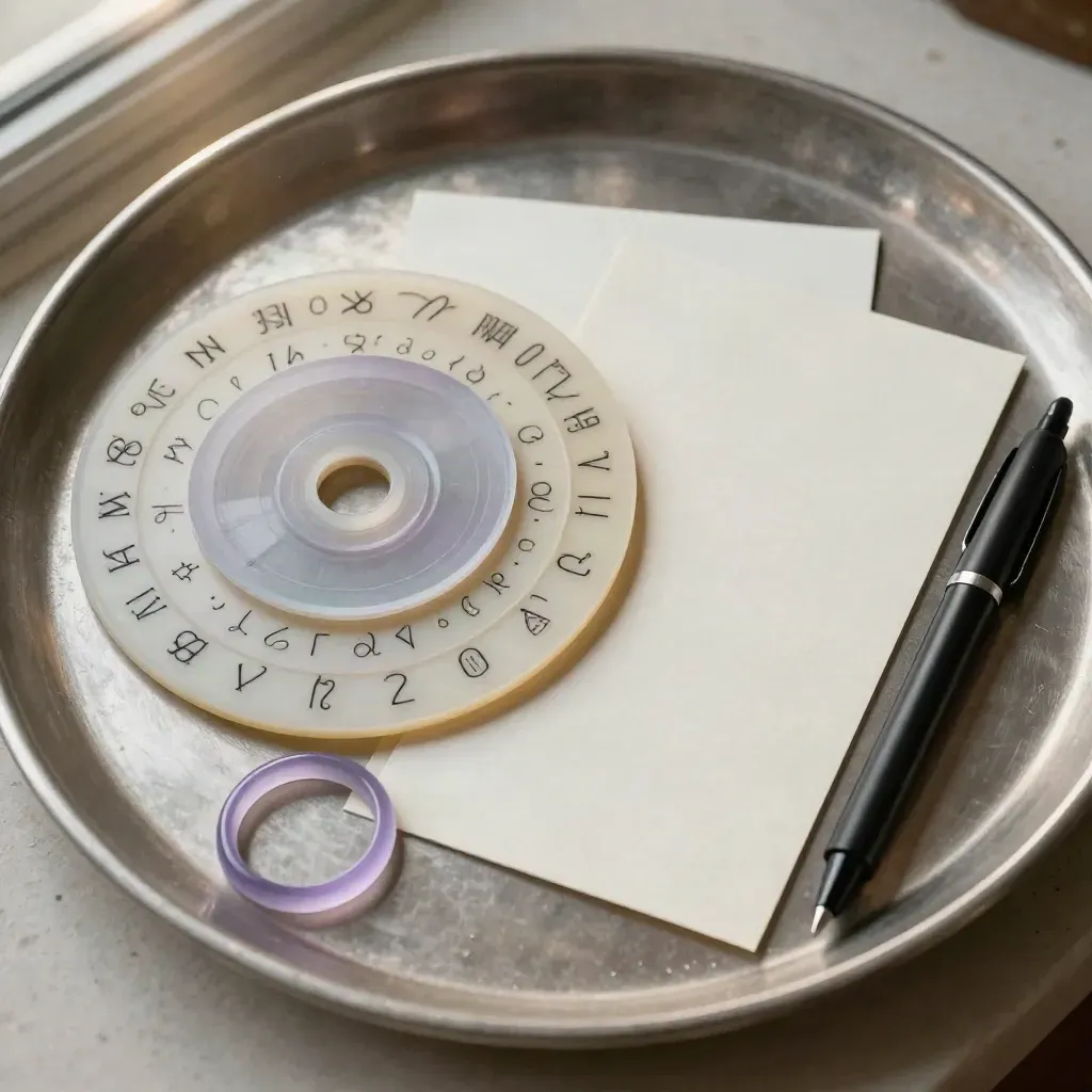 Top-down natal wheel with fanned translucent circles, blank cards, and a black pen on pale stone.