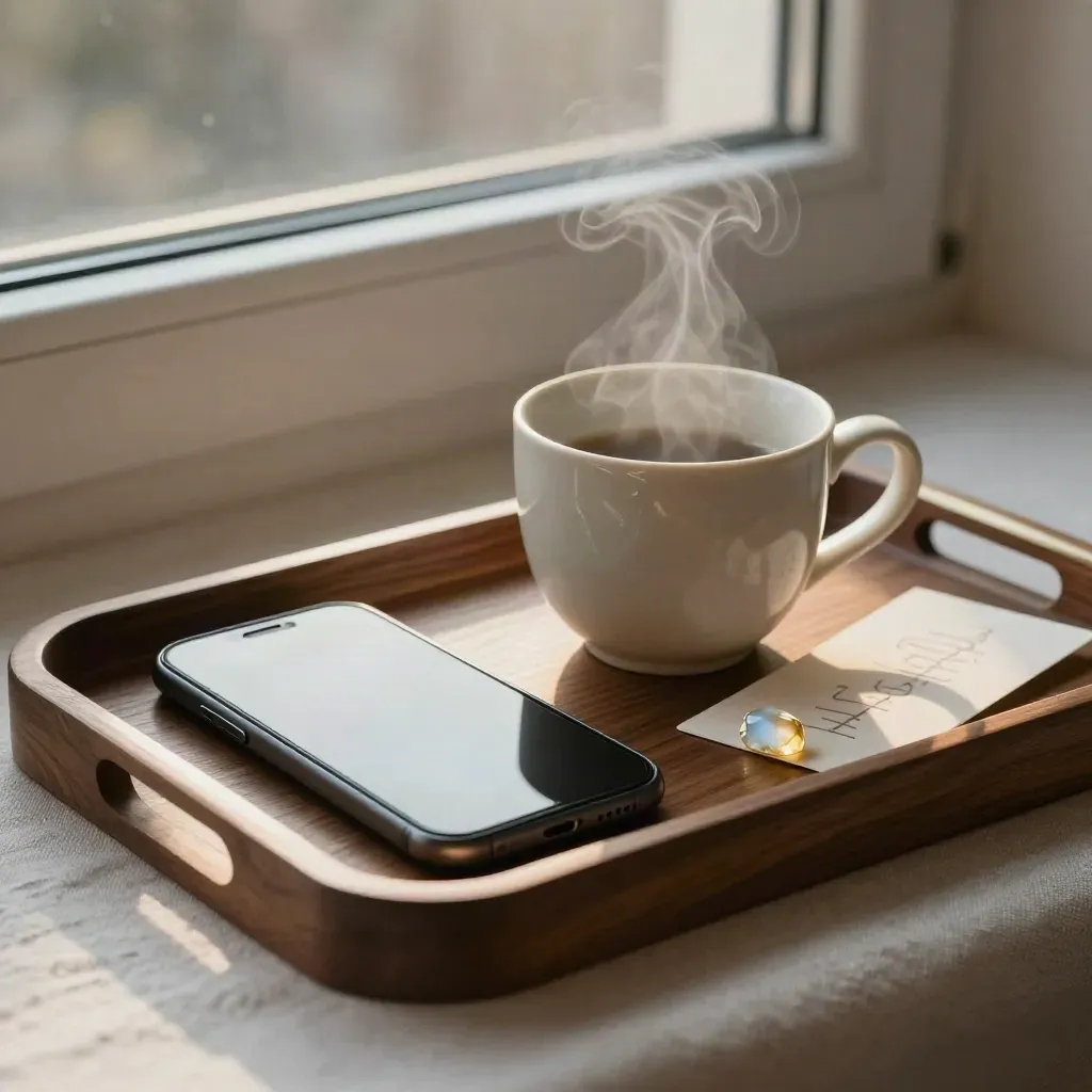 Steaming tea tray with phone, sunstone and folded card by a morning window.