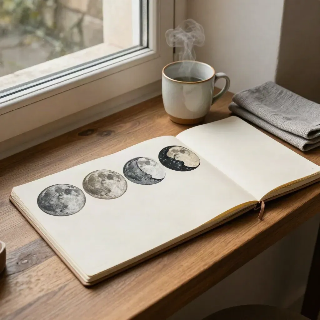 Moon phase planner, notebook, cup, and cloth in a sunlit cozy flatlay