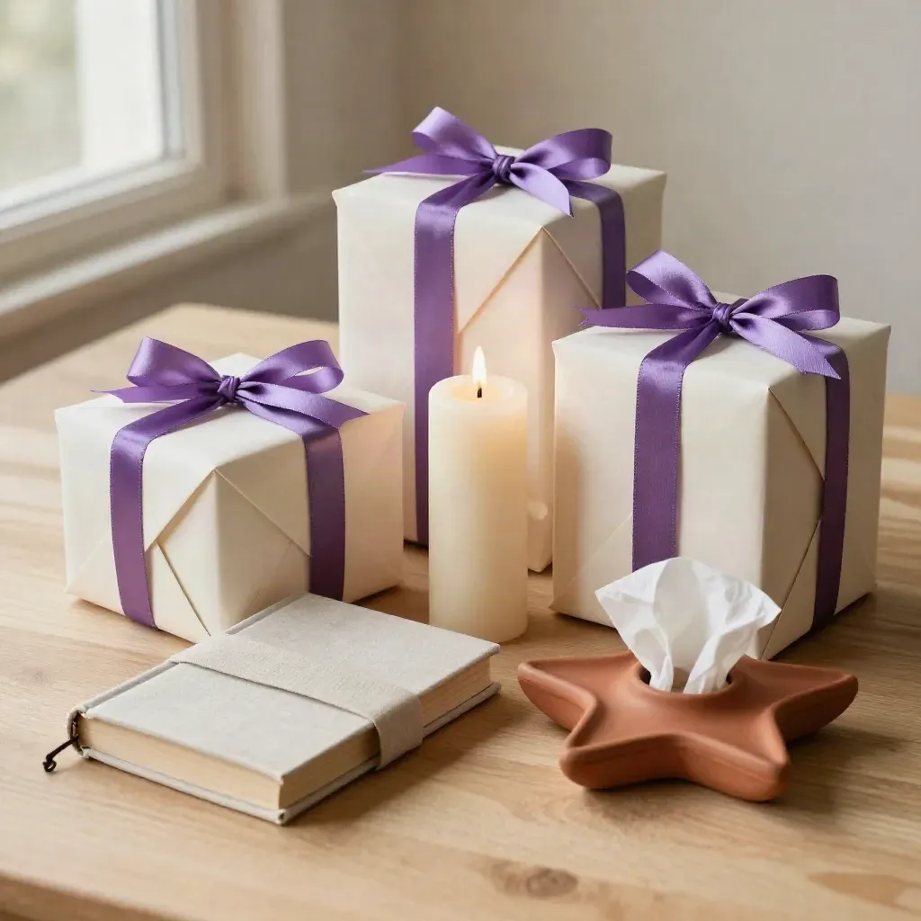 Wrapped deck boxes, candle, guidebook, and star dish on pale wood with lilac ribbon