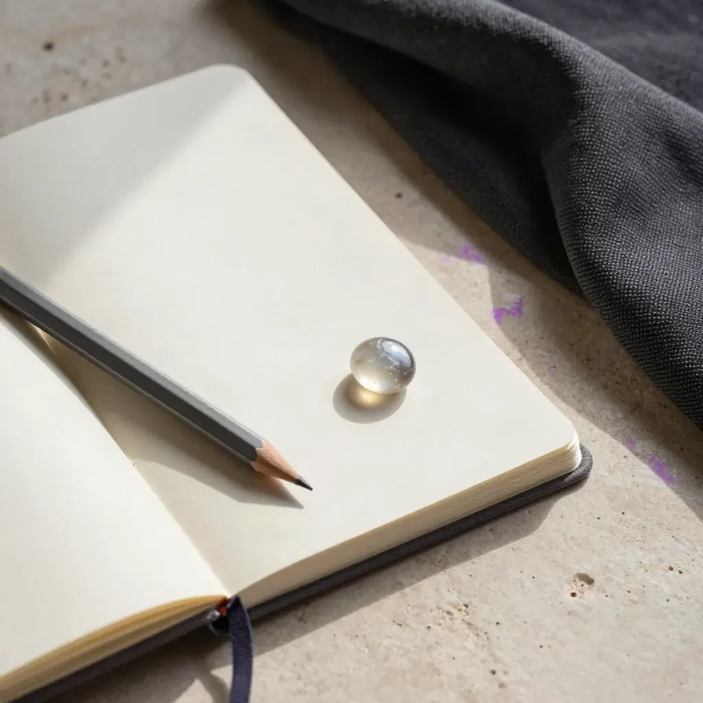 Moonstone, pencil, folded cloth, and open cream notebook on pale stone