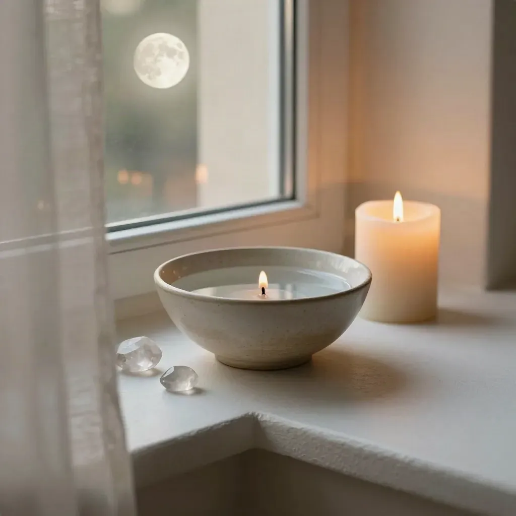Candlelight trembles in water beside quartz stones on a plaster windowsill at dusk.