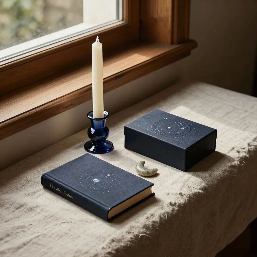 Astrology gift objects on a linen bench by a window: candle, deck box, book, crescent charm