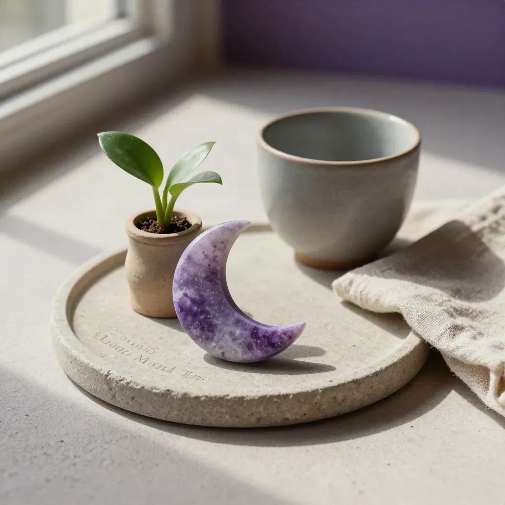 Moon stone token, jade cutting, gray cup and linen napkin on a stone tray
