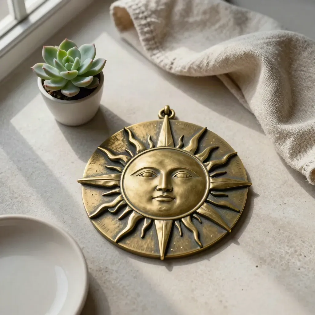 Brass sun medallion with succulent, linen, and ceramic dish on pale stone.