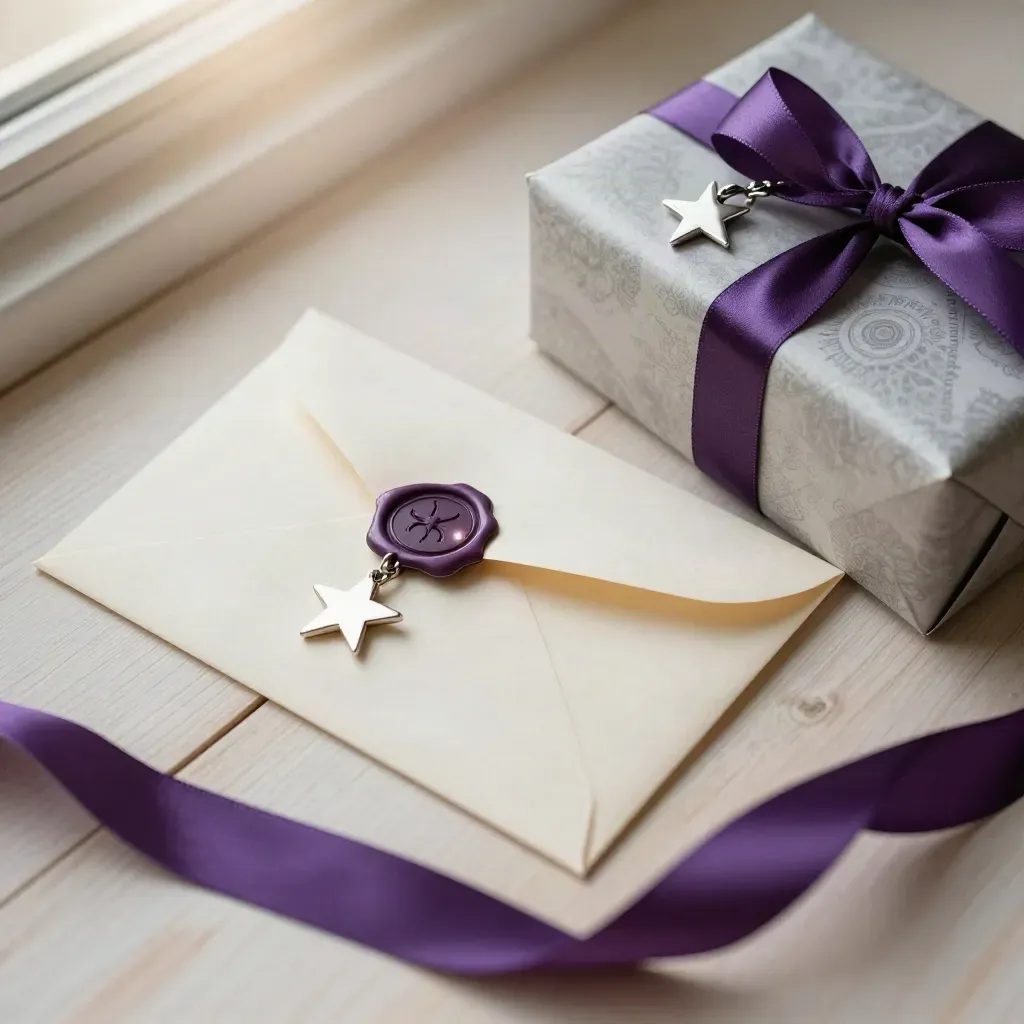Astrology gift packaging with ribbon, wax seal, star charm, and wrapped card box on pale wood.