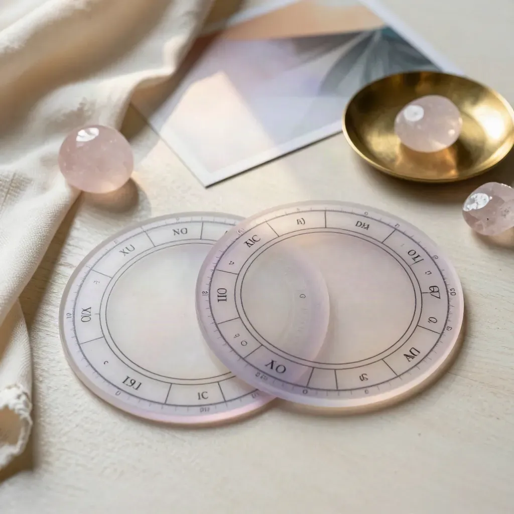 Overlapping astrology chart discs with quartz, cloth, and brass dish on pale wood