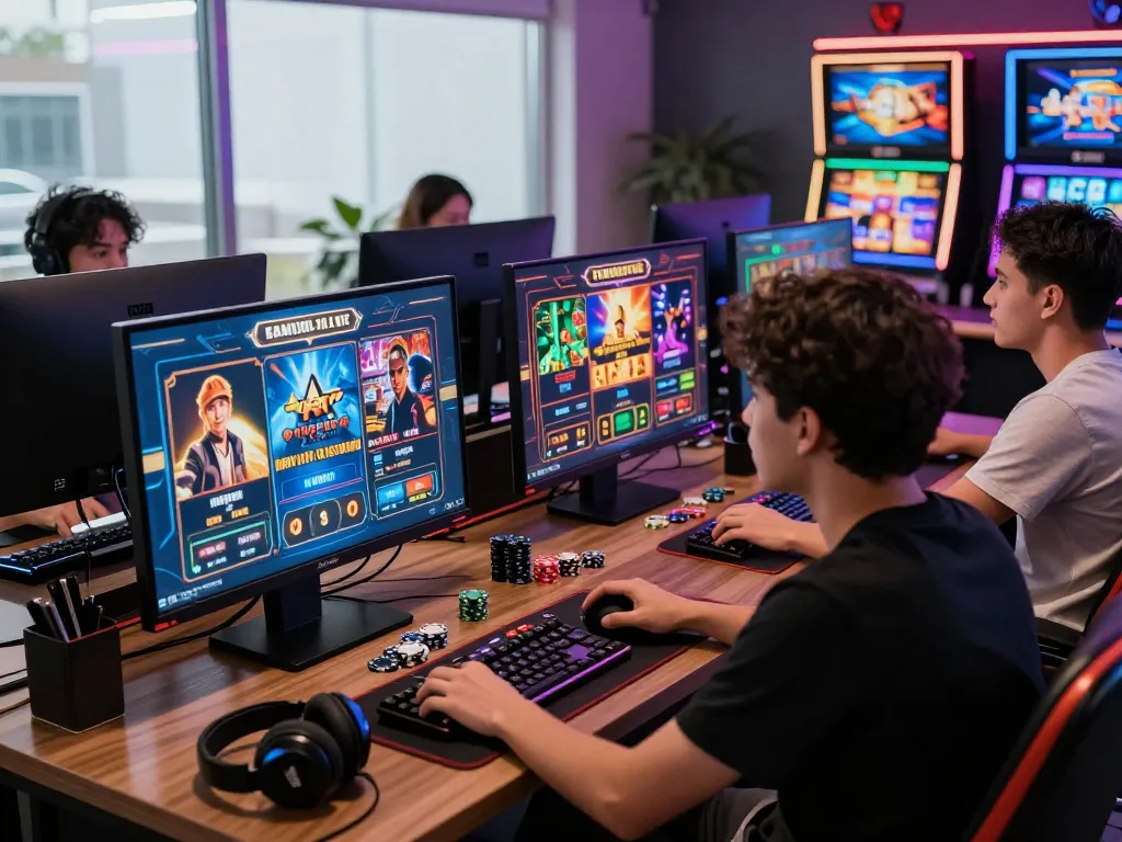 Exciting online gaming scene with players engaging in situs gacor, showcasing colorful slot machine graphics