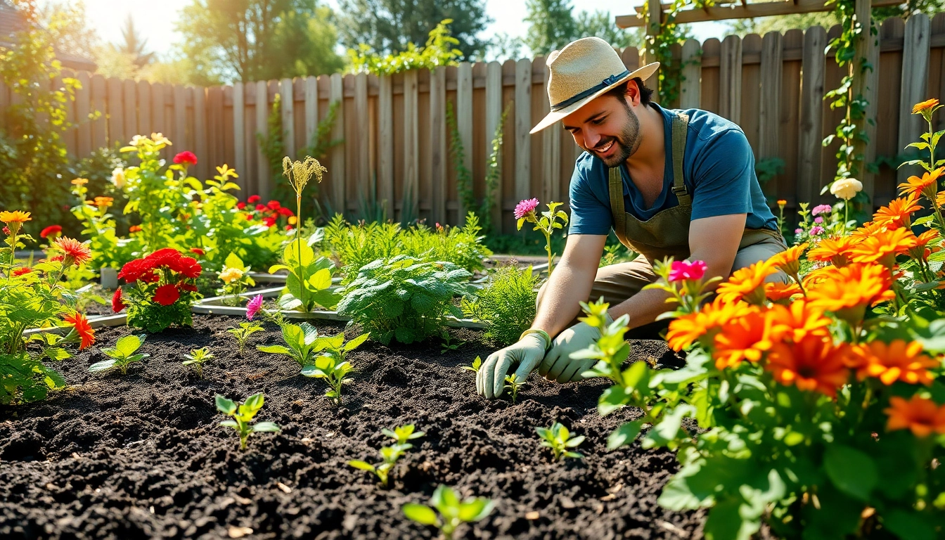 Gardening enthusiast planting seedlings in a thriving garden full of vibrant flowers and vegetables.
