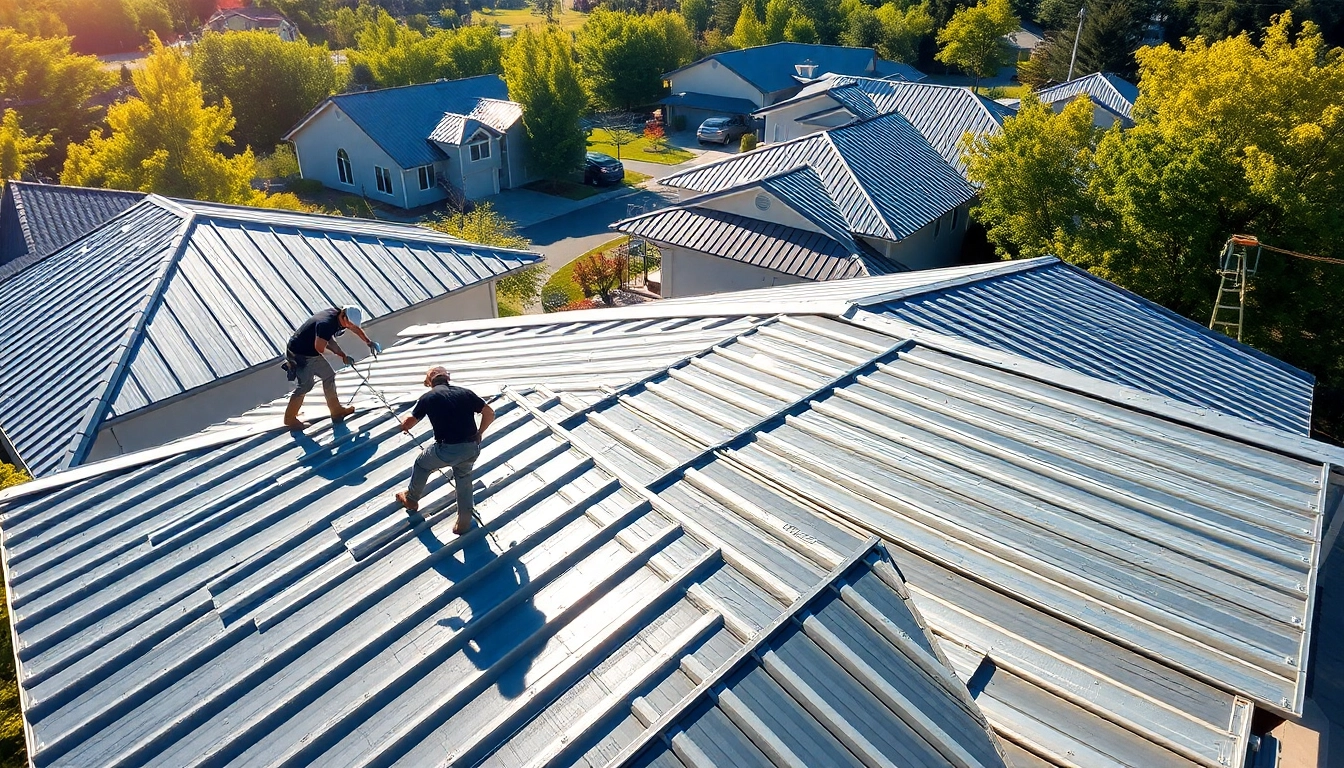 Workers installing metal roofing panels on a suburban home, showcasing durability and modern design.