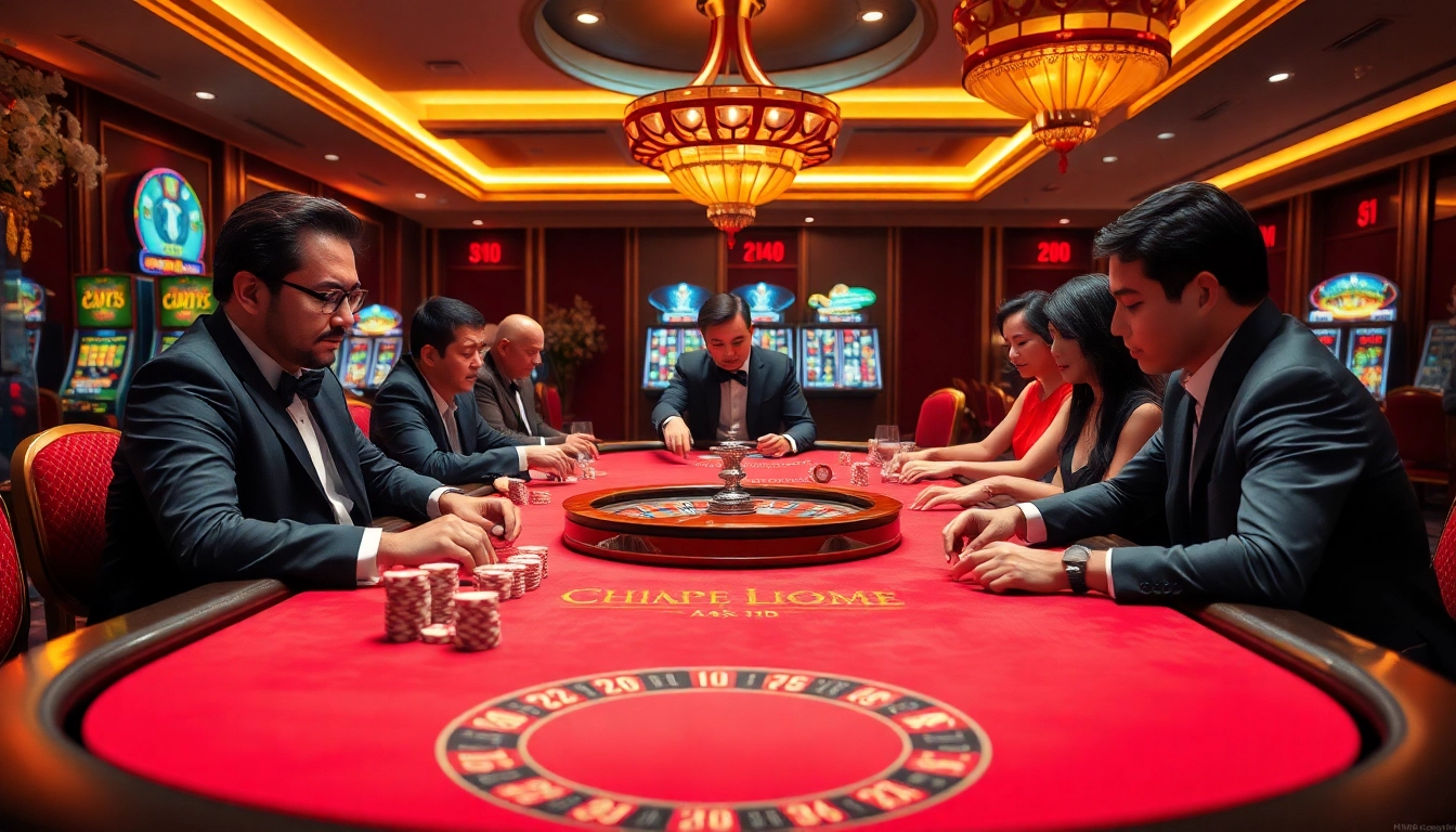 Players strategizing at the HM88 casino table, surrounded by vibrant poker chips and cards.