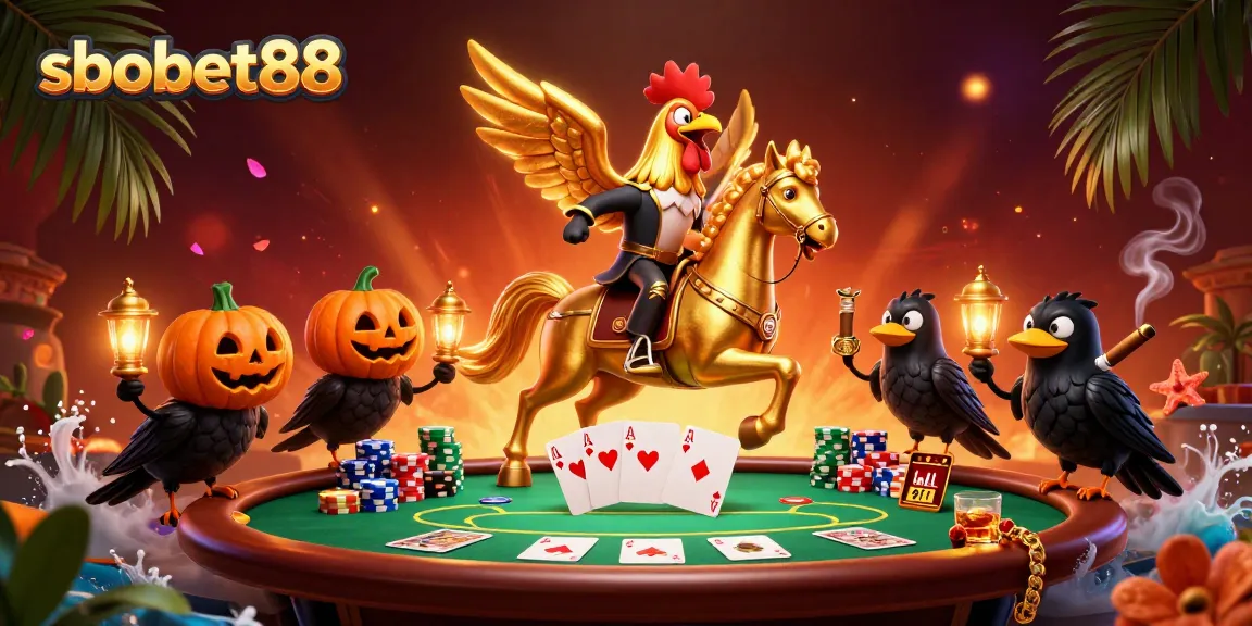 Win big with sbobet88 at a vibrant midnight casino featuring a golden rooster and poker elements.