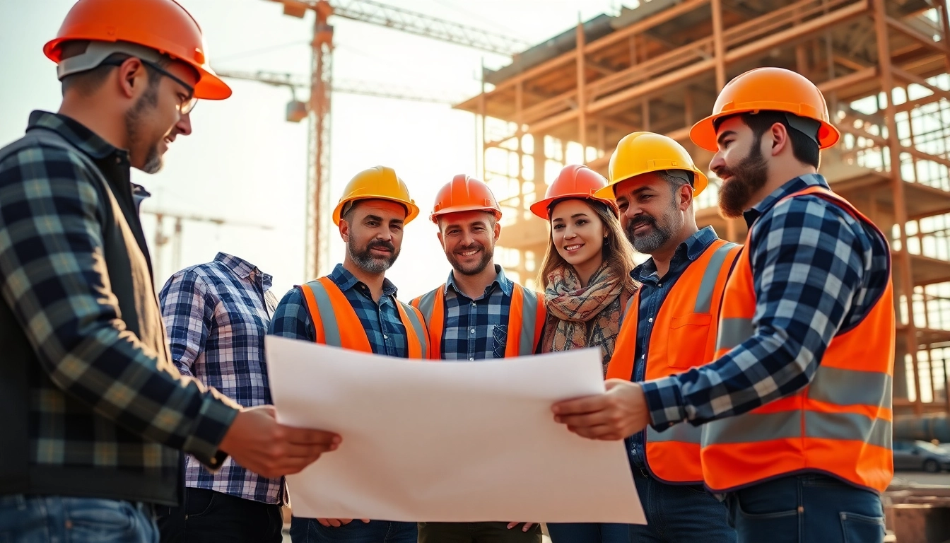 Construction association North Carolina workers collaborating at a building site, emphasizing teamwork and safety.