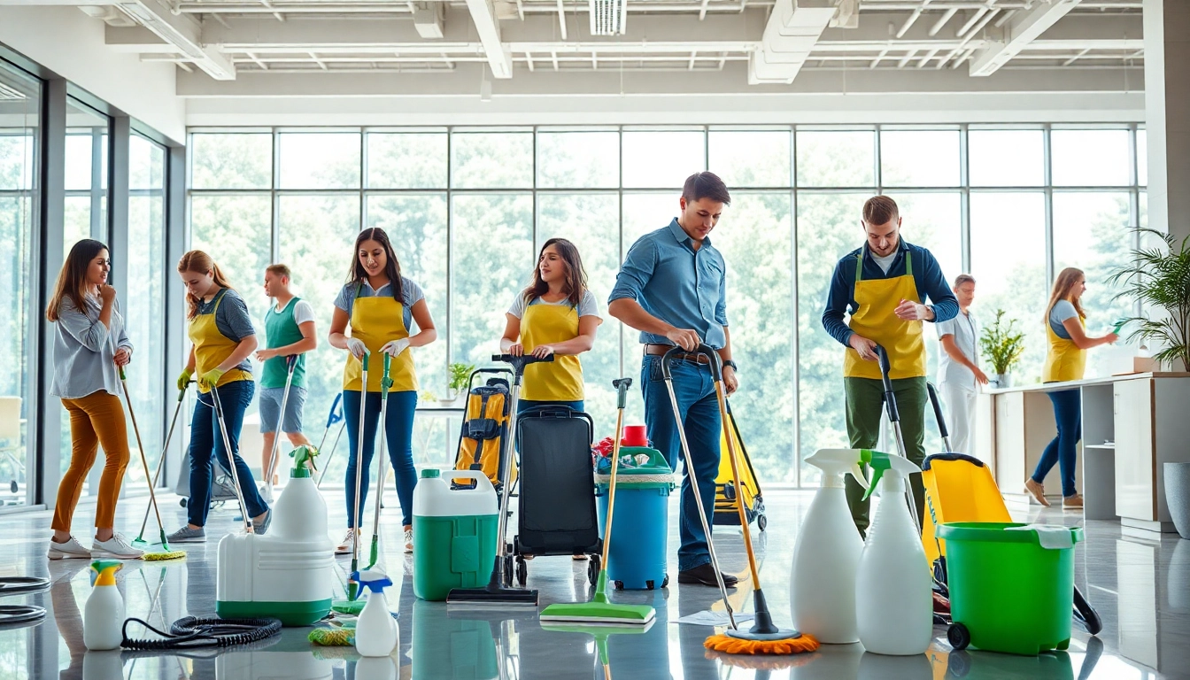 Die Teammitglieder von https://nm-gebäudeservice.de reinigen effizient ein modernes Büro.