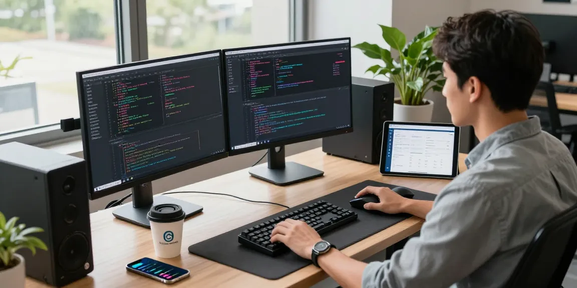 Software developer immersed in code and app interfaces showcasing 纸飞机下载 in a modern workspace.