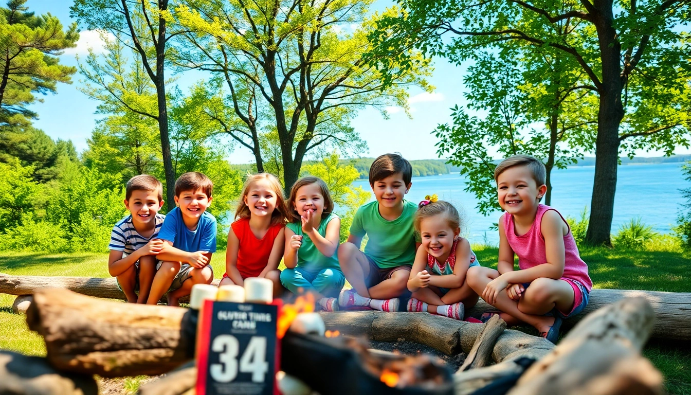Happy children enjoying their 1st time at overnight camps, roasting marshmallows by the campfire.