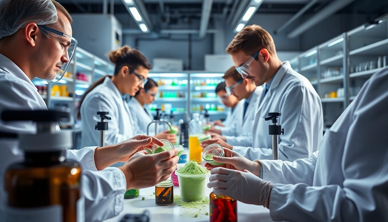 Lab scene depicting a contract supplement manufacturer uk team working on innovative formulations.