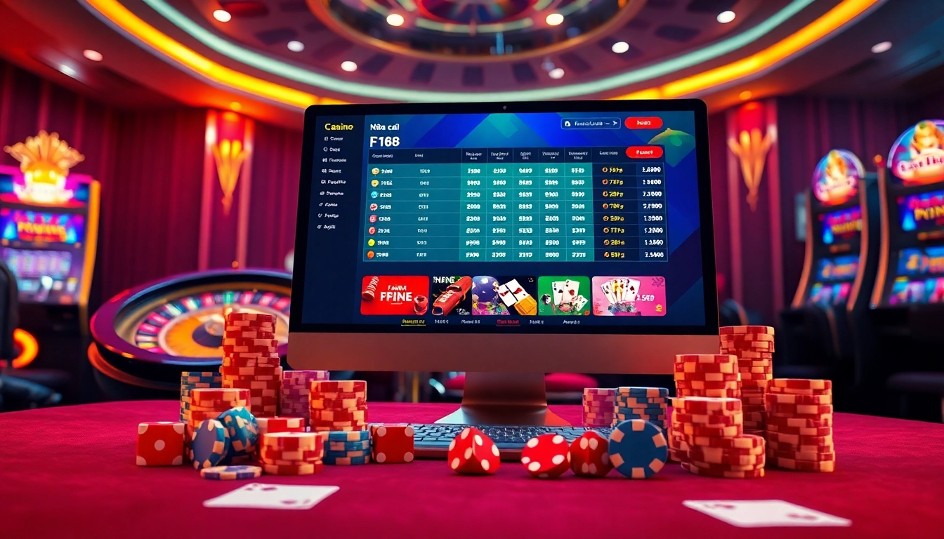 Experience the excitement of Nhà cái F168 with a vibrant online casino setup featuring poker chips and betting screens.